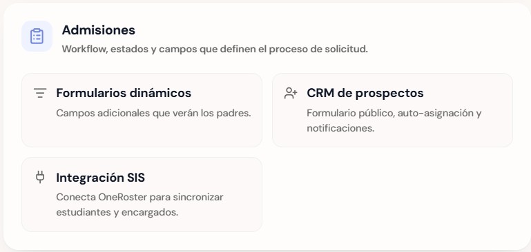 Vista de configuración de admisiones y CRM de prospectos en UpperSeat