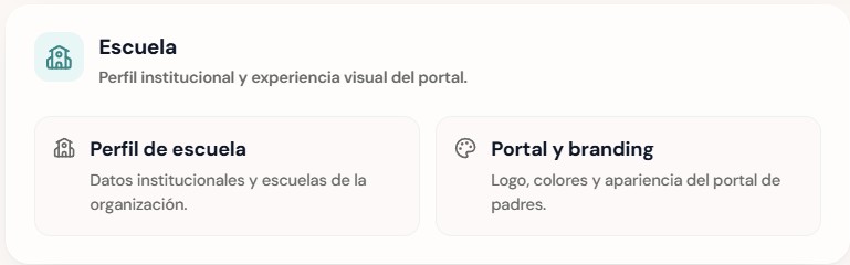 Vista de configuración de escuela y branding del portal en UpperSeat