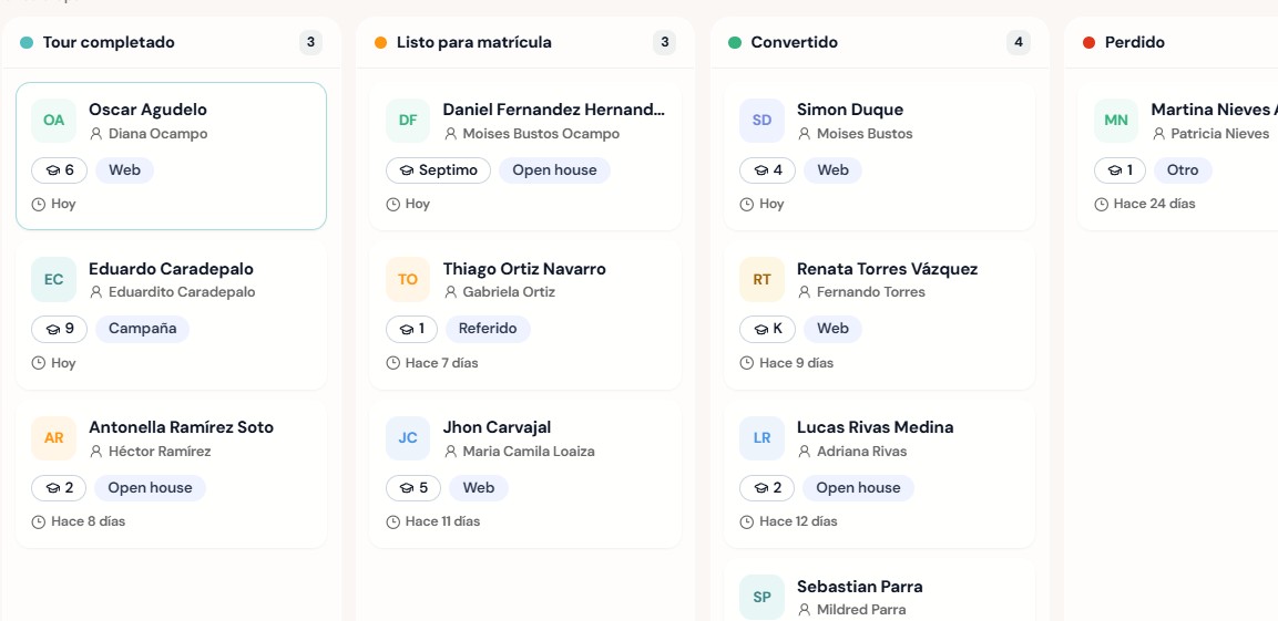 CRM de leads — pipeline de matrícula